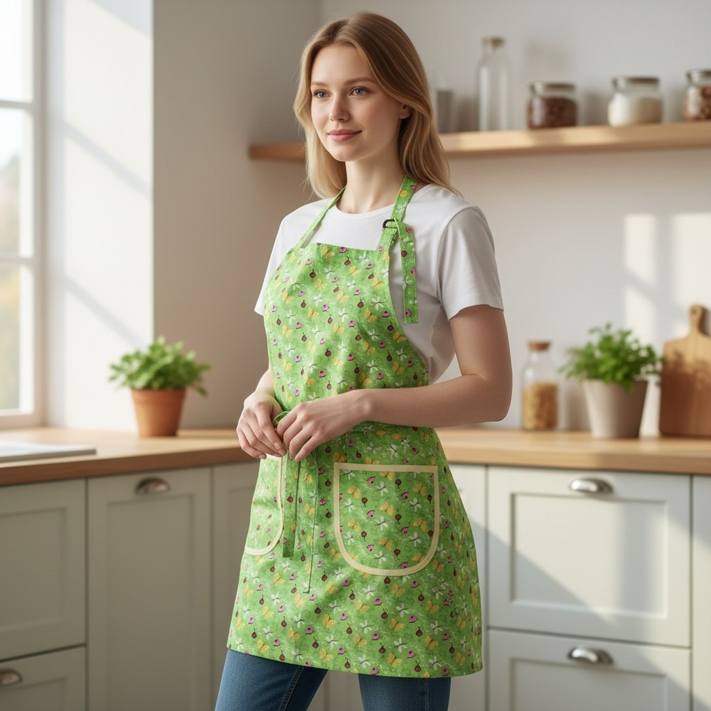 Homemade Green garden Bugs Butterfly Ladybug Print Apron with Front Pockets